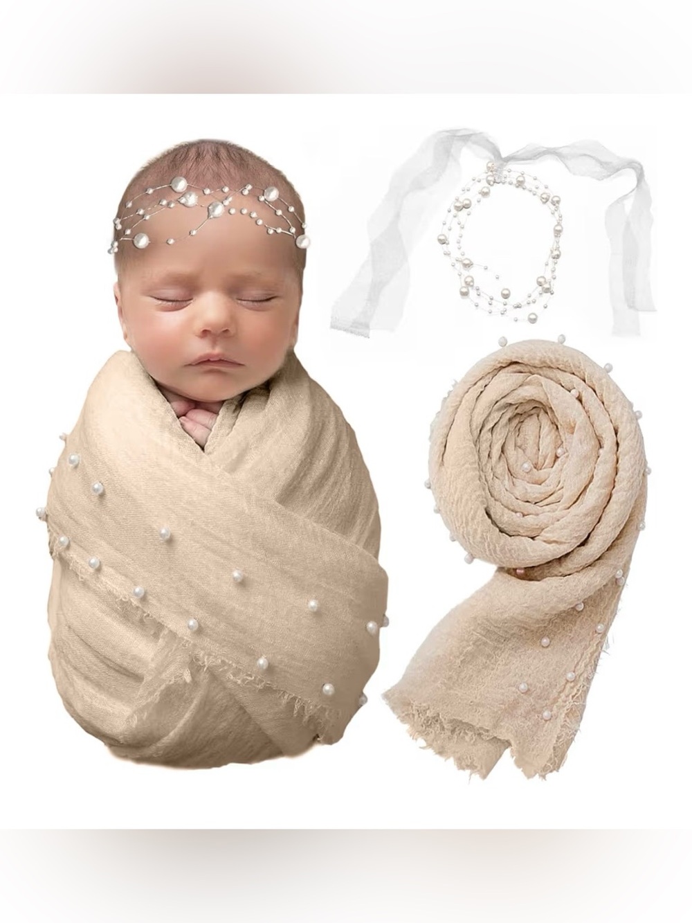 Pearl-Embellished Newborn Wrap and Headband Set - Cream
